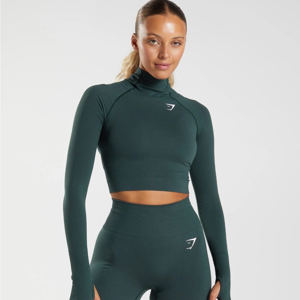 Gymshark Vital Seamless 2.0 High Neck Midi Top- Woodland Green Marl